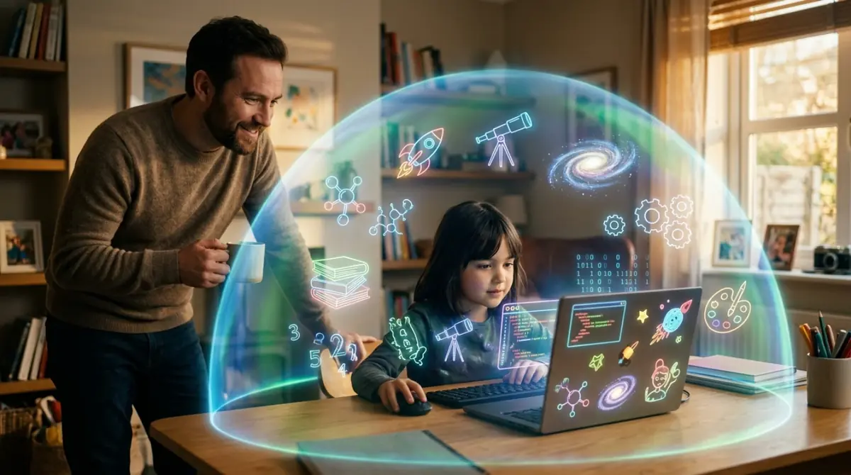 Padre e hija frente a una laptop, rodeados de una esfera de luz protectora con íconos educativos (cohete, libros, telescopio, galaxia)