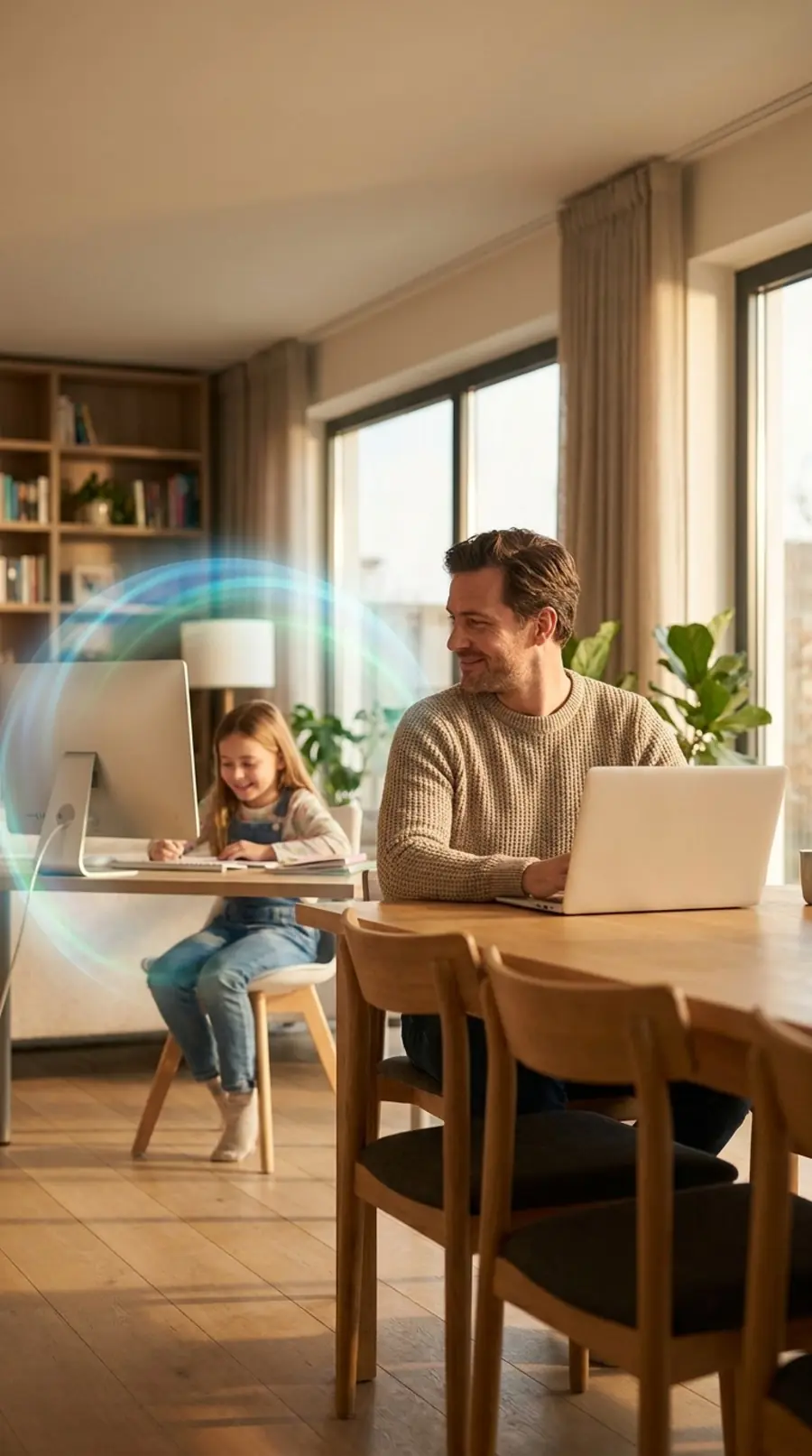 Padre trabajando en su laptop mientras su hija usa una computadora de escritorio, con un halo de luz que los conecta