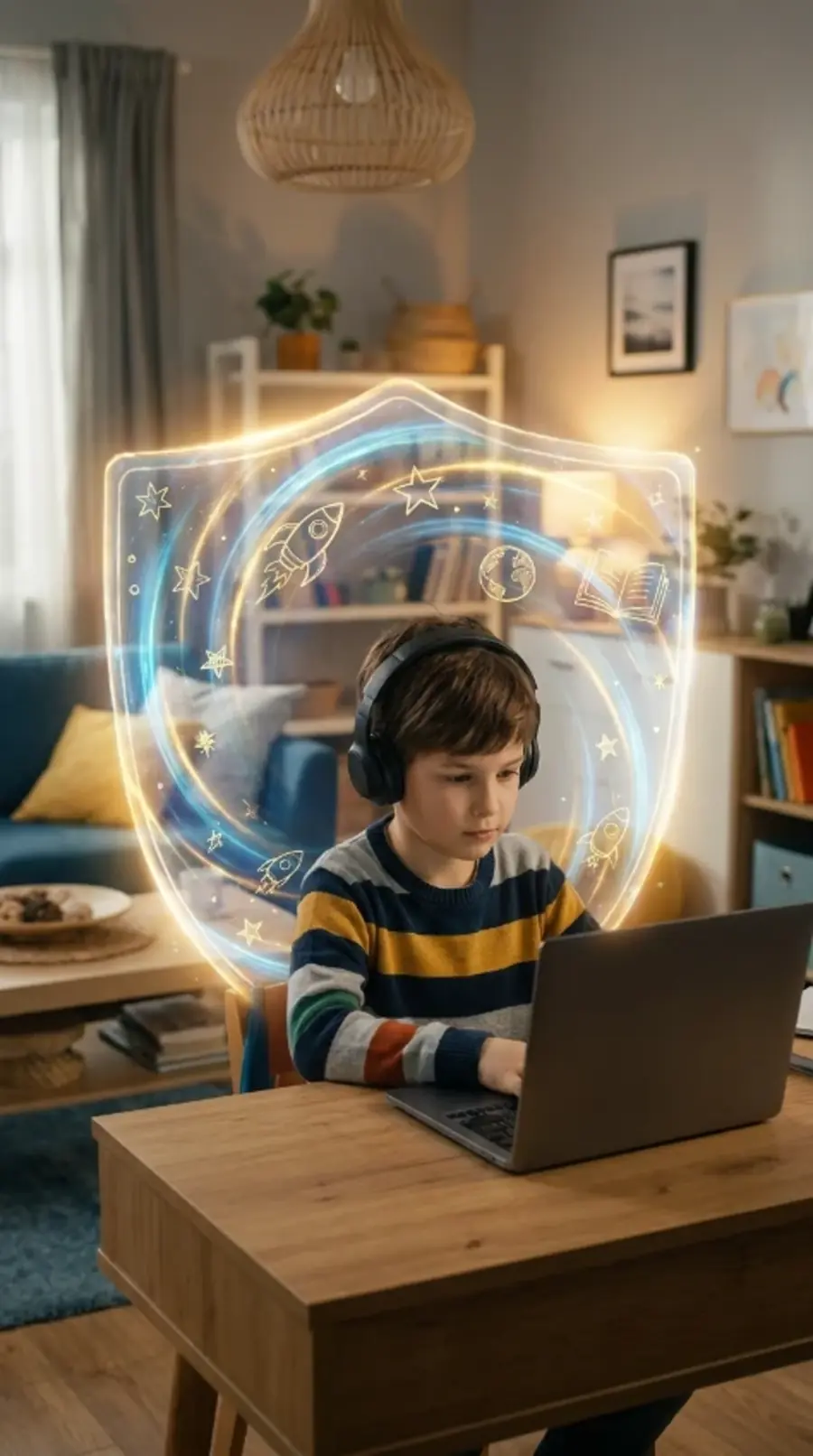 Niño con audífonos usando una laptop, rodeado de un escudo de luz protector con íconos de cohete, estrellas, libro y planeta