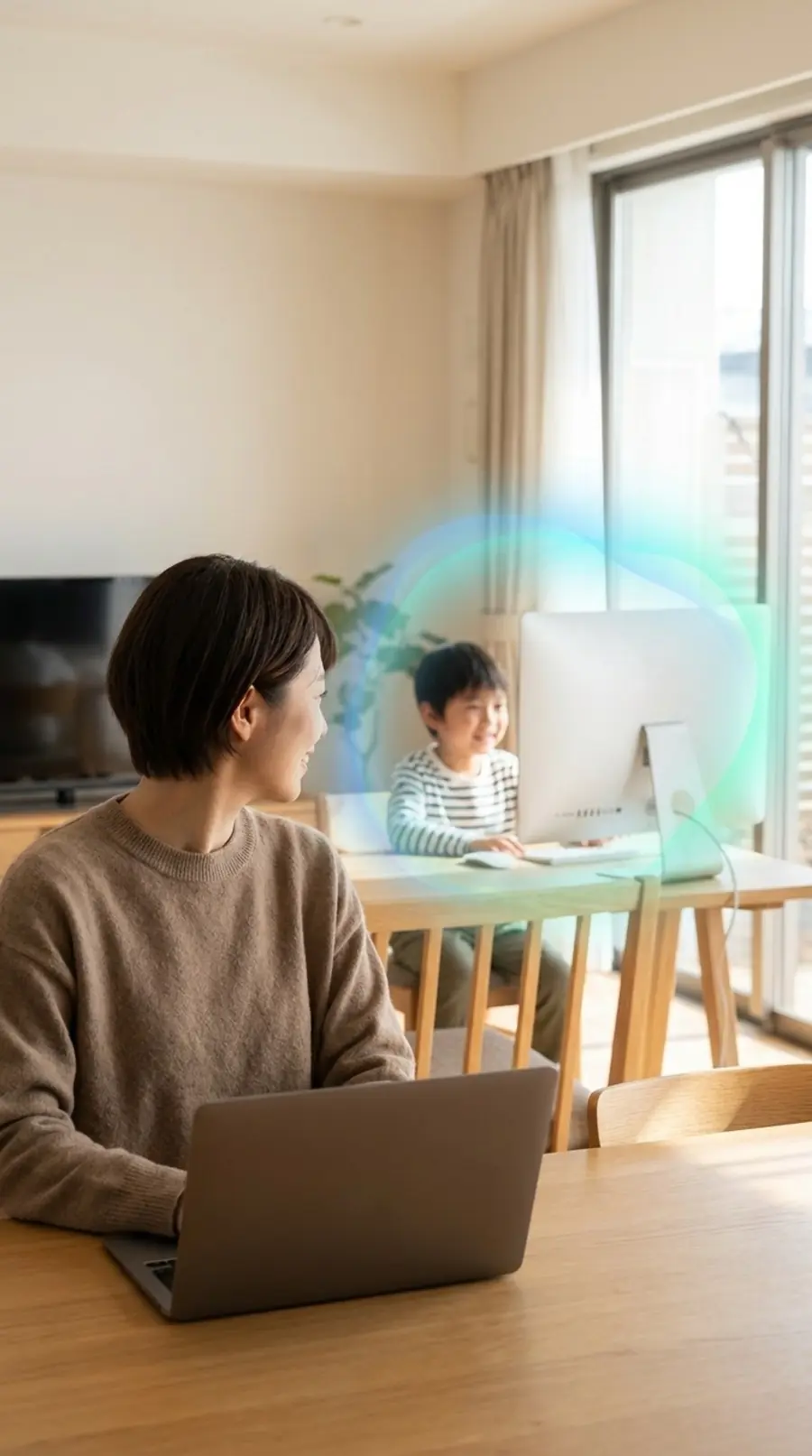 Madre trabajando en su laptop mientras su hijo usa una computadora de escritorio, con un halo de luz que los conecta